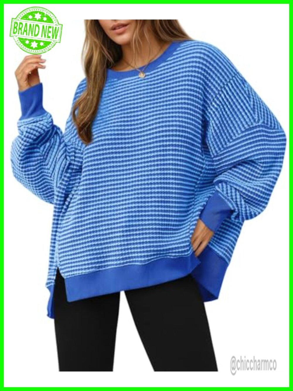 Oversized Waffle Knit Sweatshirt Long Sleeve Crewneck Split Tunic Pullover